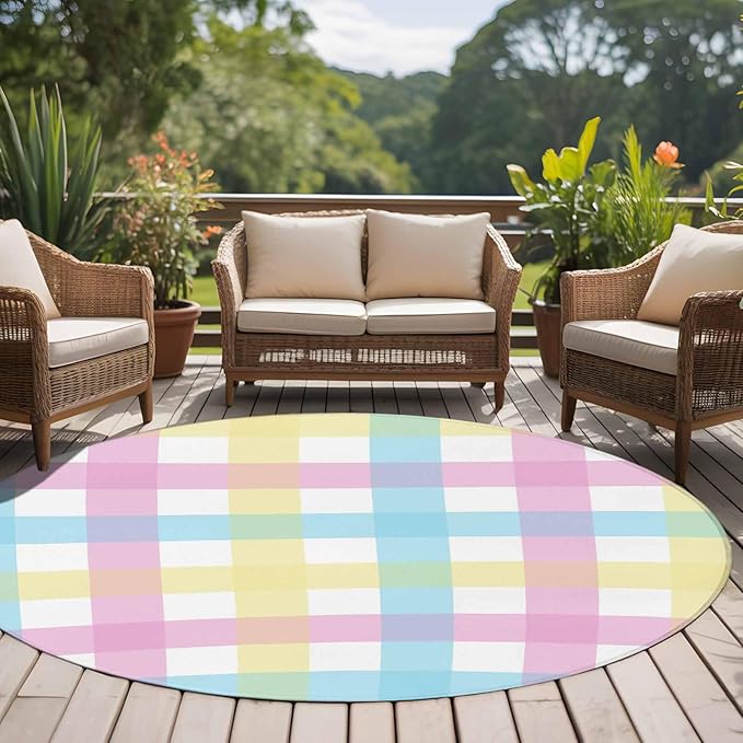Washable Round Area Rug Spring Easter Colorful Lattice Circle Rugs Floor Carpet for Living Room Bedroom, Minimalist Buffalo Checker Soft Non Slip Round Rug 5ft