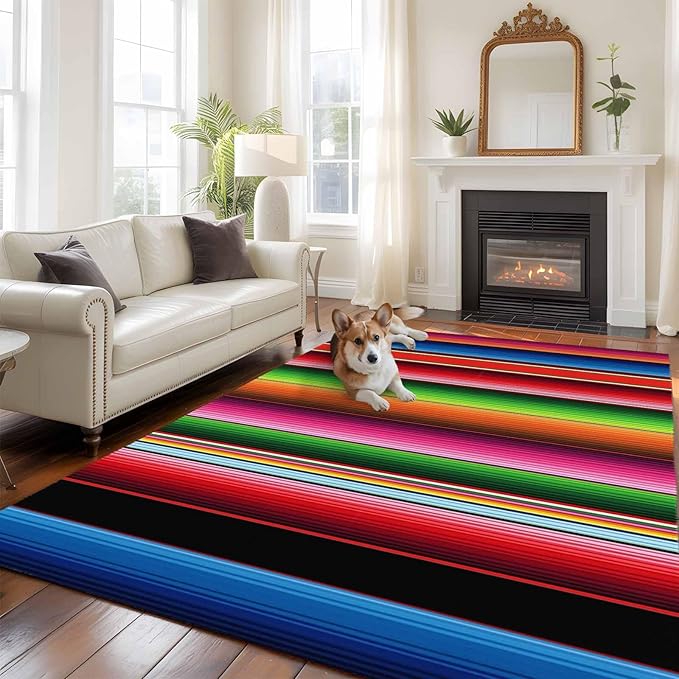 Area Rug 6x9ft, Mexico Art Colorful Stripes Washable Rugs for Living Room Bedroom, Color Gradient Lines Soft Non-Slip Area Rugs Rectangle Floor Carpet for Dining Room