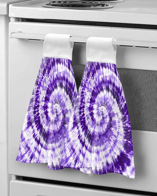 Alandar Home Kitchen Tie Towel Set of 2, Purple White Spiral Tie Dye Art Absorbent Soft Hand Towels for Bathroom Hanging Towels, Ethnic Hippie Pattern Fast Drying Cleaning Cloth with Loop