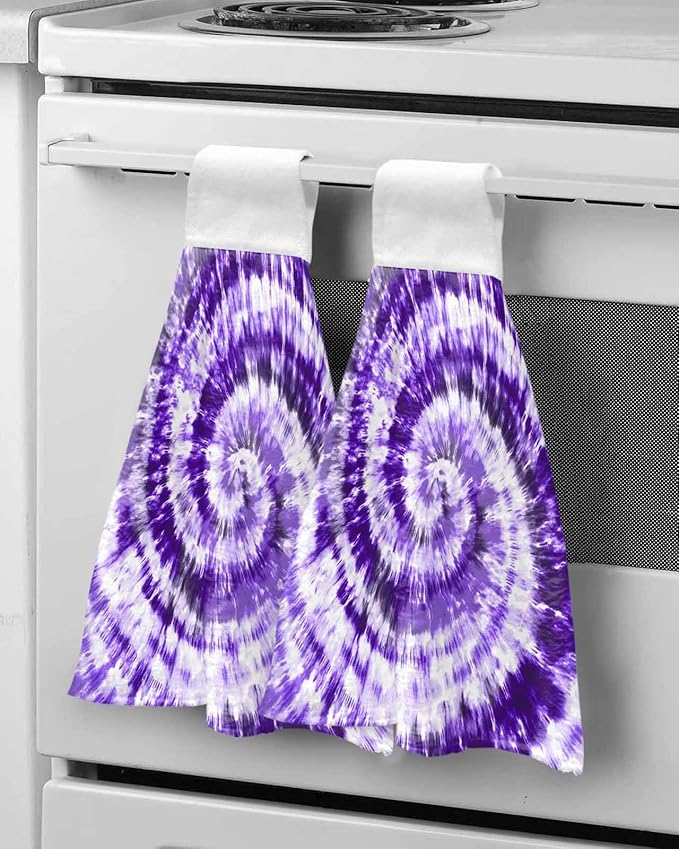 Alandar Home Kitchen Tie Towel Set of 1, Purple White Spiral Tie Dye Art Absorbent Soft Hand Towels for Bathroom Hanging Towels, Ethnic Hippie Pattern Fast Drying Cleaning Cloth with Loop