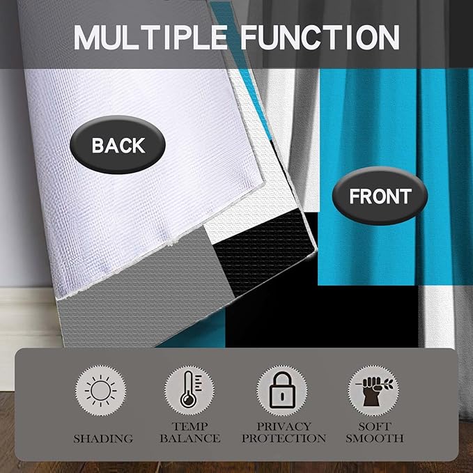 MCALK Light Blue Blackout Kitchen Curtains Tiers Set 2 Piece for Windows Grey and Black Kitchen Window Curtains Set,White Modern Abstract Art Valances for Living Room(24" Tiers Set)