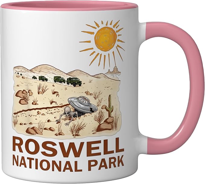 Roswell National Park UFO Flying Saucer Crash 1947 UAP Alien Ceramic Mug, Pink/White