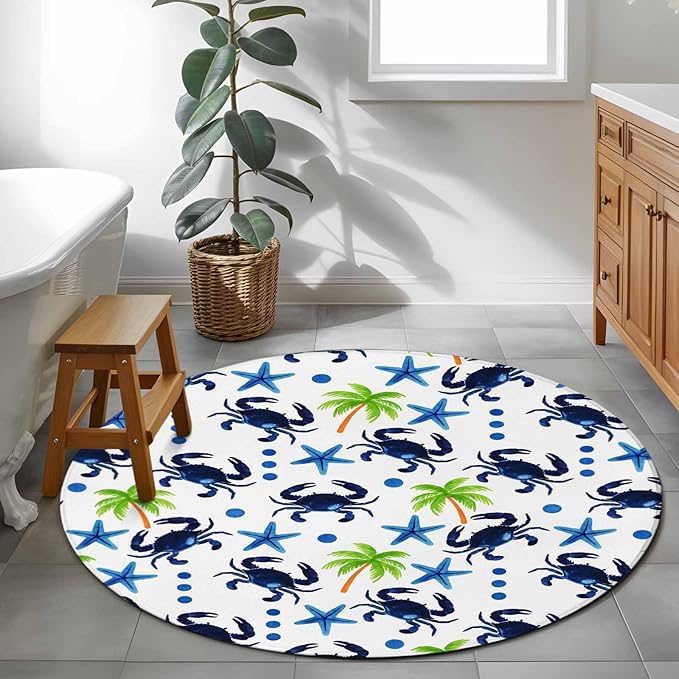 Washable Round Area Rug Abstract Blue Crab Starfish Circle Rugs Floor Carpet for Living Room Bedroom, Watercolor Palm Tree Soft Non Slip Round Rug 4ft