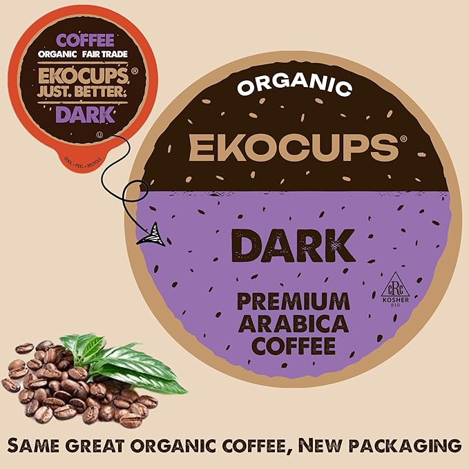 EKOCUPS Organic Dark Roast Coffee Pods, Strong Bold Dark Roast Flavor - USDA Certified Organic - Single Serve Cups for Keurig K Cups Coffee Makers, Box of 40 Recyclable Capsules