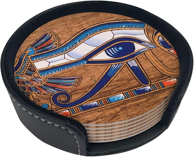 Ancient Egyptian Leather Drinks Coasters with Holder, Set of 6, Suitable for Various Cups