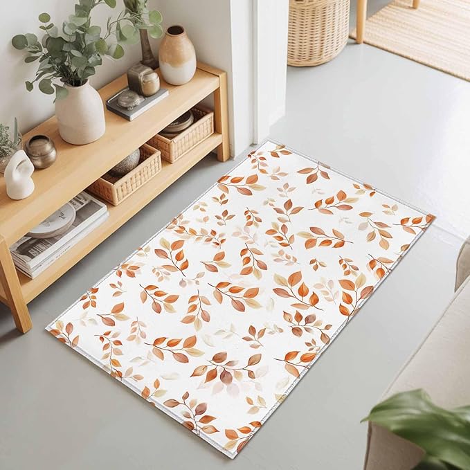 Area Rug 2x3ft, Autumn Orange Leaf Botanical Washable Rugs for Living Room Bedroom, Abstract Vine Pattern Soft Non-Slip Area Rugs Rectangle Floor Carpet for Dining Room