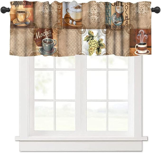 Retro Coffee Valance Curtain, Vintage Cappuccino Mocha Drinks Collage Short Window Drape for Cafe Kitchen Bedroom Dining Living Room Home Decoration, 54x18Inch