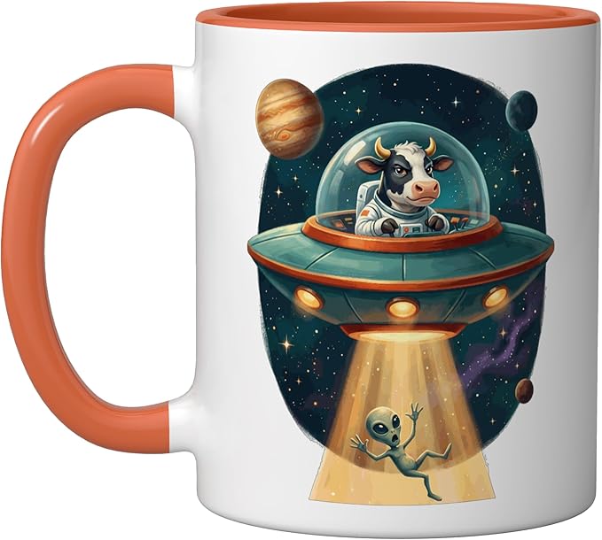 Funny Cow Astronaut UFO Abducting Alien Space Graphic Ceramic Mug, Orange/White