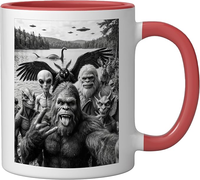 Bigfoot Alien Loch Ness Monster UFO Cryptids Selfie Ceramic Mug, Red/White