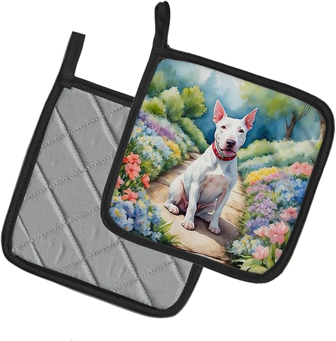 Caroline's Treasures Bull Terrier Spring Path Pair of Pot Holders Kitchen Heat Resistant Pot Holders Sets Oven Hot Pads for Cooking Baking BBQ, 7 1/2 x 7 1/2