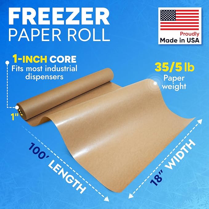 18" x 1200" (100') Made in USA Brown Freezer Paper Roll – Moisture-Resistant Wrap, Prevents Freezer Burn, Keeps Meat Fresh for up to 1 year – Plastic Coated Paper for Meat, Fish, and Poultry