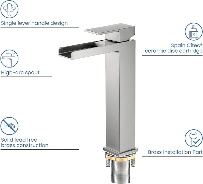 KIBI Waterfall Bathroom Sink Faucet | Single Handle Brass Vanity Faucet with Water Supply Hose | Durable Brass Construction and Smooth Water Flow | Brushed Nickel, KBF1005 (Pop Up Drain Included)