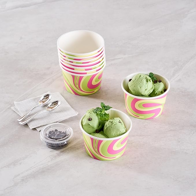 Restaurantware Ice Cream Cups 200 Pack of 8 oz Leak-Resistant Disposable Dessert Bowl Frozen Yogurt Cup Round Paper Container For Cold And Hot Desserts