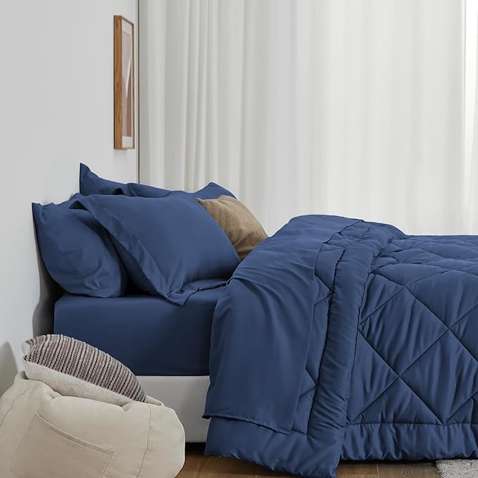 Love's cabin California King Comforter Set Dark Blue, 7 Pieces California King Bed in a Bag, All Season Bedding Sets with 1 Comforter, 1 Flat Sheet, 1 Fitted Sheet, 2 Pillowcase and 2 Pillow Sham | Soft, Breathable, Lightweight, Comfortable