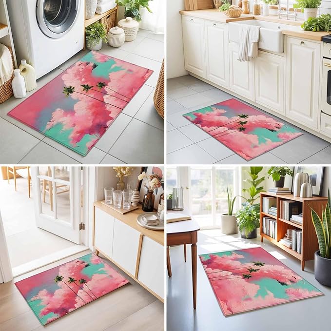 Area Rug 2x3ft, Summer Dreamy Pink Cloud Washable Rugs for Living Room Bedroom, Watercolor Tropical Palm Tree Soft Non-Slip Area Rugs Rectangle Floor Carpet for Dining Room
