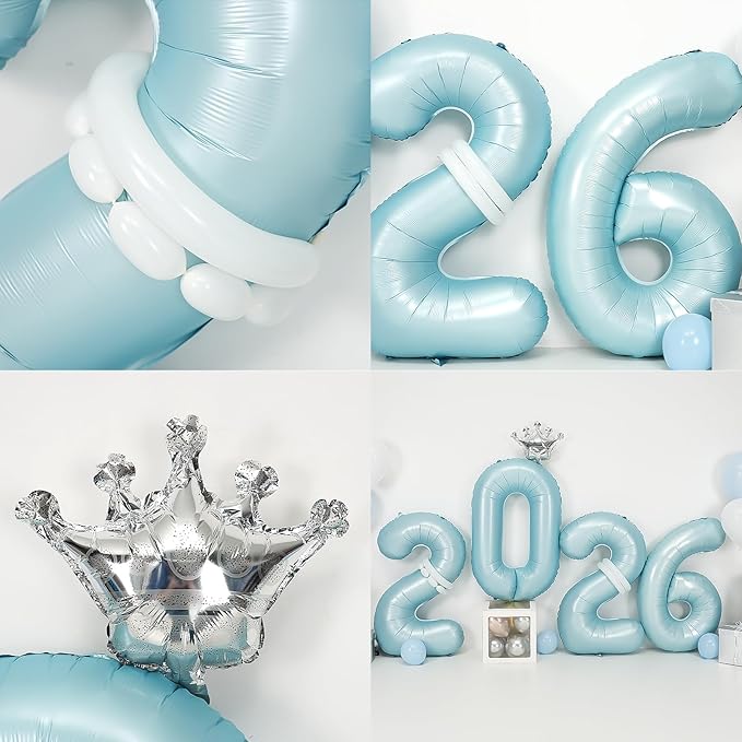 2026 Balloons Blue,40 Inch 2026 Number Balloons with Foil Crown Balloons for Happy New Year Decorations New Years Eve 2026 Graduation Decorations Class of 2026 Party Supplies