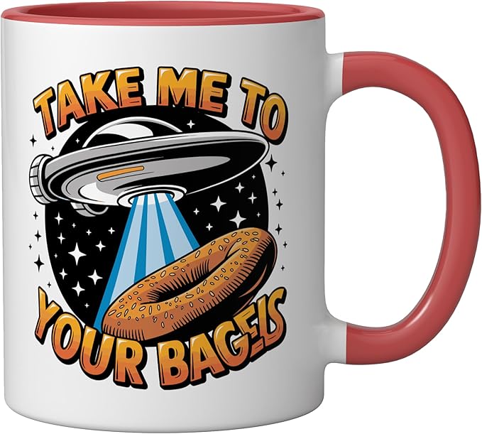 Take Me to Your Bagels UFO Abduction Jewish Funny Bagel Ceramic Mug, Red/White