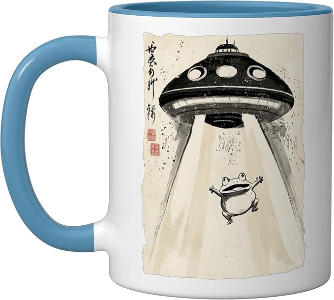 Ukiyo-e Style UFO Abducting Cute Frog Ink Art Painting Ceramic Mug, Blue/White