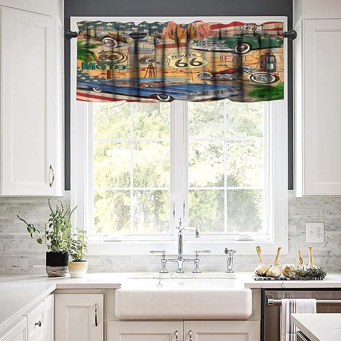 Vintage Car Valance Curtain Old Classic Car Theme American Vintage Diner Motorcycle Rod Pocket Valance Window Treatments Short Curtains for Kitchen Bathroom Farmhouse 54x18inch