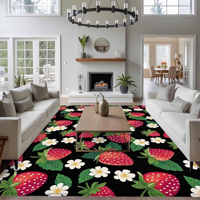 Area Rug 6x9ft, Red Strawberry Litter Flower Leaves on Black Washable Rugs for Living Room Bedroom, Summer Fruit Soft Non-Slip Area Rugs Rectangle Floor Carpet for Dining Room