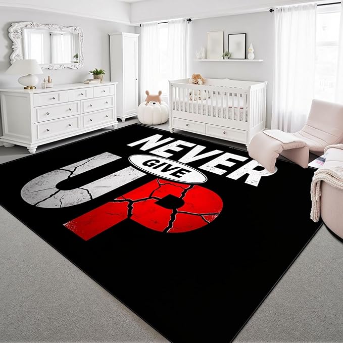 9x12 Area Rugs for Bedroom Boho Washable Man Cave Rug for Living Room Never Give Up Motivational Typography Cracked Lettering Design Soft Rubber Backed Non-Slip Large Carpets for Boys