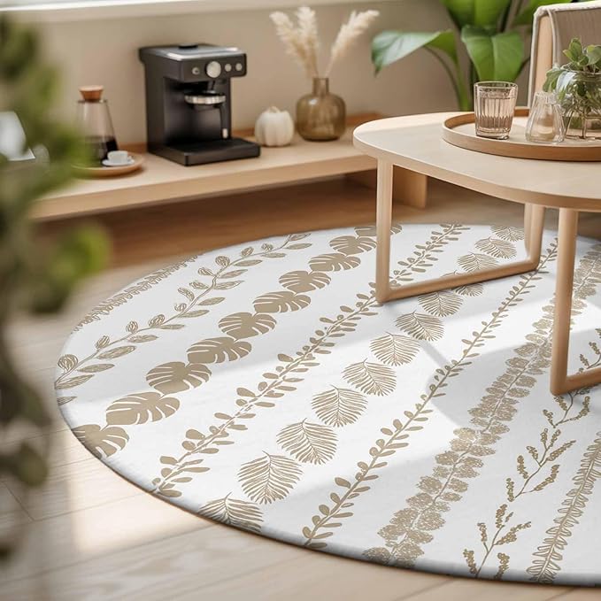 Washable Round Area Rug Farmhouse Monstera Leaf Seamless Circle Rugs Floor Carpet for Living Room Bedroom, Summer Rustic Abstract Leaves Soft Non Slip Round Rug 3ft