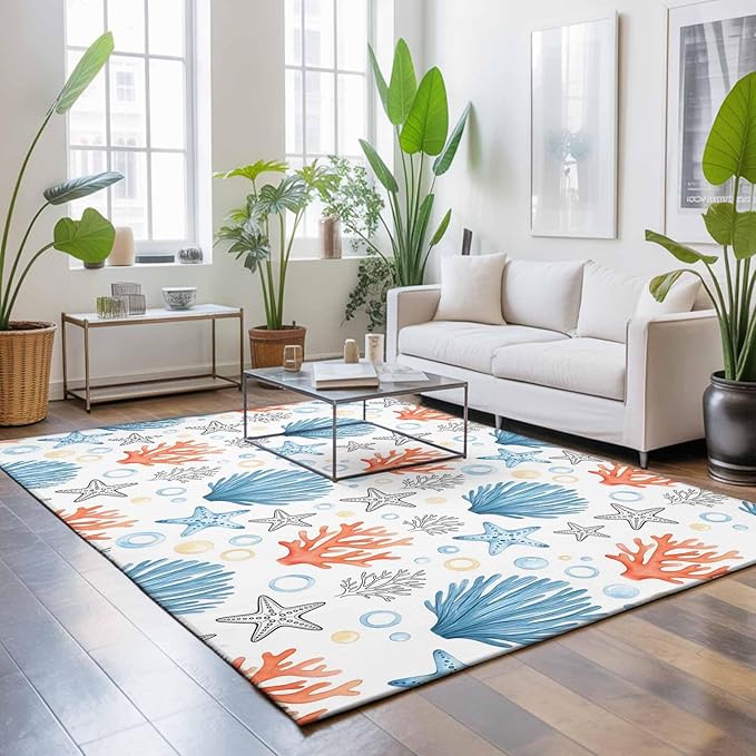 Area Rug 3x5ft, Coastal Starfish Shell Coral Washable Rugs for Living Room Bedroom, Ocean Bubble Blue Black Orange Soft Non-Slip Area Rugs Rectangle Floor Carpet for Dining Room