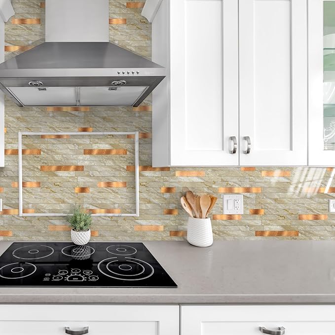 Yipscazo 5 Sheets Peel and Stick Stone Metal Tile Backsplash, Stick on Tiles for Backsplash Kitchen, Bathroom, Laundry Room, Camper, Fireplace (12'' X 12'', Polished Beige)