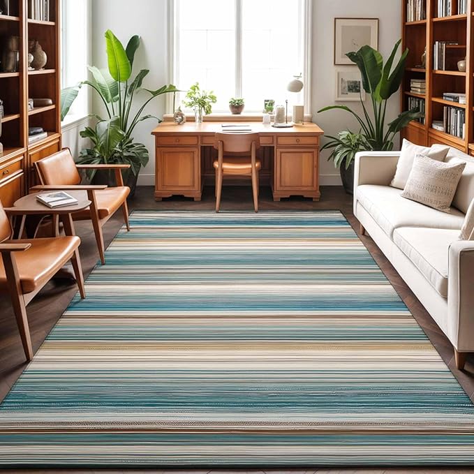 Area Rug 4x6ft, Minimalist Vertical Stripes Washable Rugs for Living Room Bedroom, Retro Boho Lines Soft Non-Slip Area Rugs Rectangle Floor Carpet for Dining Room