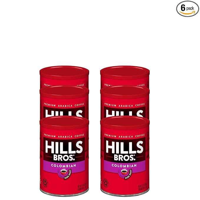 Hills Bros. Colombian Ground Coffee – Premium Arabica Coffee Beans – Dark Roast, Rich Flavor Cup After Cup – Recyclable Steel Can for Freshness – Certified Kosher – 10.3oz Can, Pack of 6