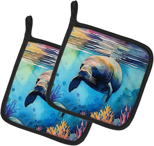 Caroline's Treasures Manatee Pair of Pot Holders Kitchen Heat Resistant Pot Holders Sets Oven Hot Pads for Cooking Baking BBQ, 7 1/2 x 7 1/2