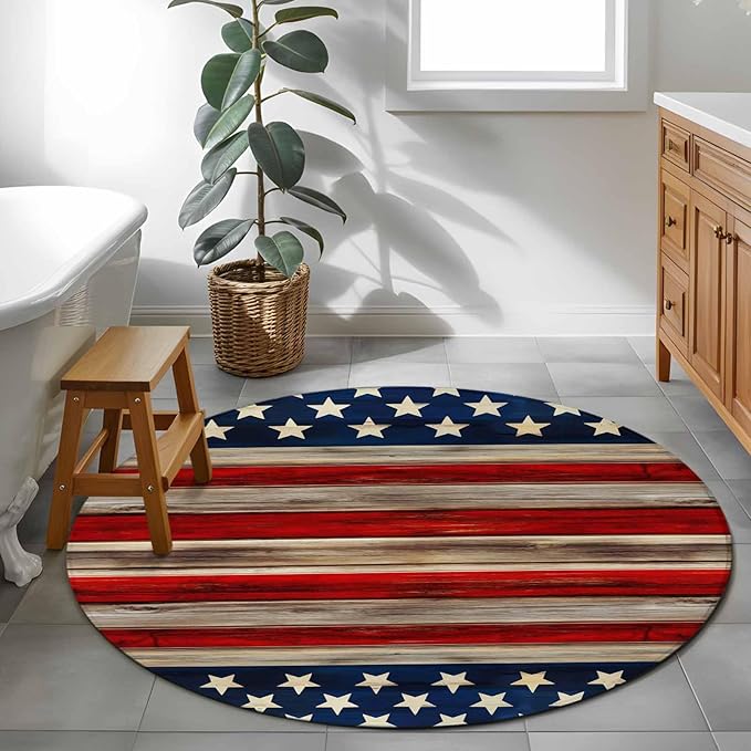 Washable Round Area Rug Vintage Stripes and Stars Circle Rugs Floor Carpet for Living Room Bedroom, Patriotic 250th Anniversary Soft Non Slip Round Rug 4ft