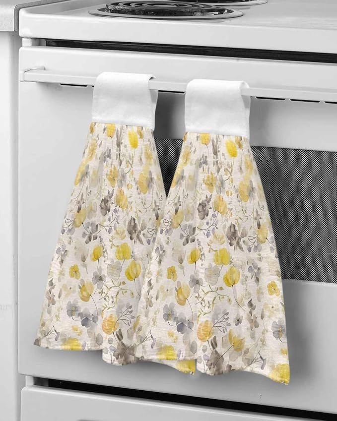 Alandar Home Kitchen Tie Towel Set of 1, Pastoral Yellow Grey Flowers Absorbent Soft Hand Towels for Bathroom Hanging Towels, Floral Branch on Rustic Linen Fast Drying Cleaning Cloth with Loop