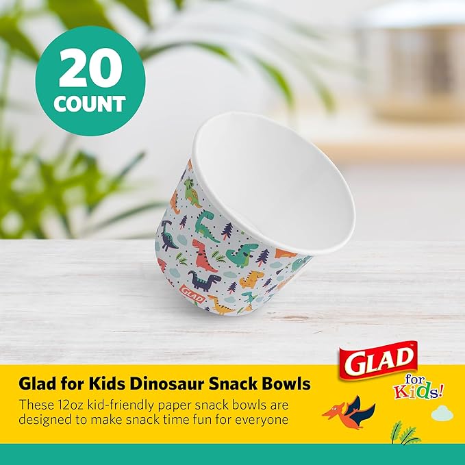 Glad for Kids Dinosaurs Paper Snack Bowls, Colorful Heavy Duty Microwave Safe Disposable Bowls for Soup, Ice Cream, and Snacks, Lids Not Included, Multicolor, Party Pack, 12 Oz, 20 Count
