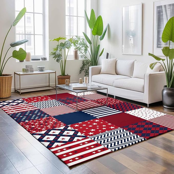 Area Rug 9x12ft, Abstract Splicing Stars Stripes Washable Rugs for Living Room Bedroom Rectangle Floor Carpet, Independence Day Red Blue White Soft Non-Slip Area Rugs for Dining Room