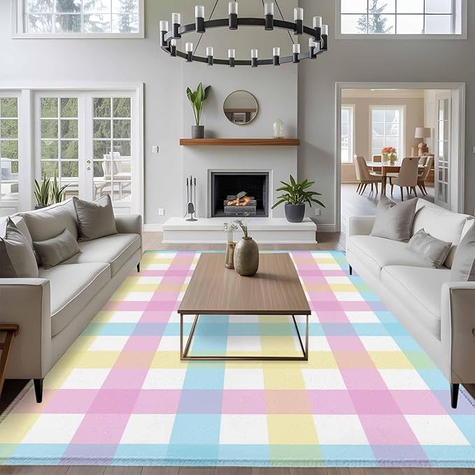Area Rug 6x9ft, Spring Easter Colorful Lattice Washable Rugs for Living Room Bedroom, Minimalist Buffalo Checker Soft Non-Slip Area Rugs Rectangle Floor Carpet for Dining Room