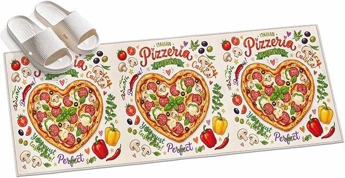 Runner Rug for Bedroom Hallway, Cartoon Pizza Watercolor Graffiti Kitchen Runner Rugs Area Rug 2x6ft, Farmhouse Vegetable Leaves Washable Soft Floor Carpet for Entryway Stair