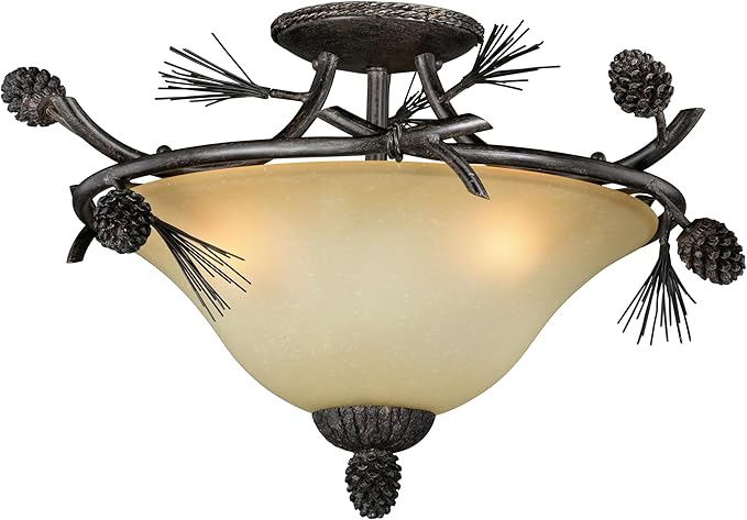 VAXCEL Sierra 18-in W Bronze Rustic Pinecone Bowl Semi Flush Mount Ceiling Light Cream Glass
