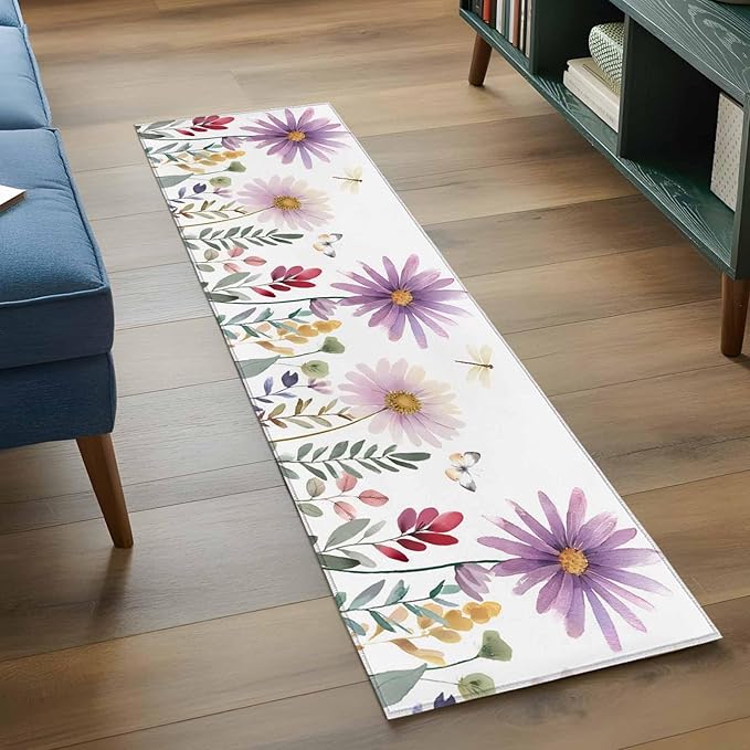 Runner Rug for Bedroom Hallway, Country Field Purple Flowers Kitchen Runner Rugs Area Rug 2x6ft, Farm Floral Art Washable Soft Floor Carpet for Entryway Stair