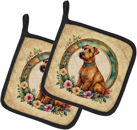 Caroline's Treasures Irish Terrier and Flowers Pair of Pot Holders Kitchen Heat Resistant Pot Holders Sets Oven Hot Pads for Cooking Baking BBQ, 7 1/2 x 7 1/2
