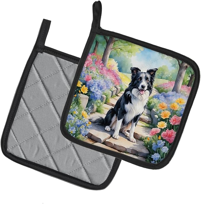 Caroline's Treasures Border Collie Spring Path Pair of Pot Holders Kitchen Heat Resistant Pot Holders Sets Oven Hot Pads for Cooking Baking BBQ, 7 1/2 x 7 1/2