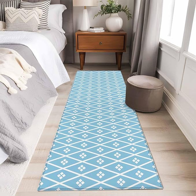 Runner Rug for Bedroom Hallway, Boho Blue White Plaid Line Kitchen Runner Rugs Area Rug 2x6ft, Abstract Geometric Diamond Washable Soft Floor Carpet for Entryway Stair