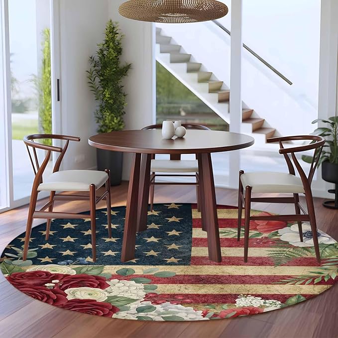 Washable Round Area Rug Independence Day 250th Anniversary Circle Rugs Floor Carpet for Living Room Bedroom, Vintage USA Flag Floral Soft Non Slip Round Rug 5ft