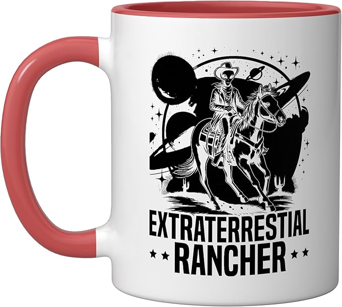 Alien Lover Flying Saucer UFO Extraterrestrial Cowboy Ceramic Mug, Red/White