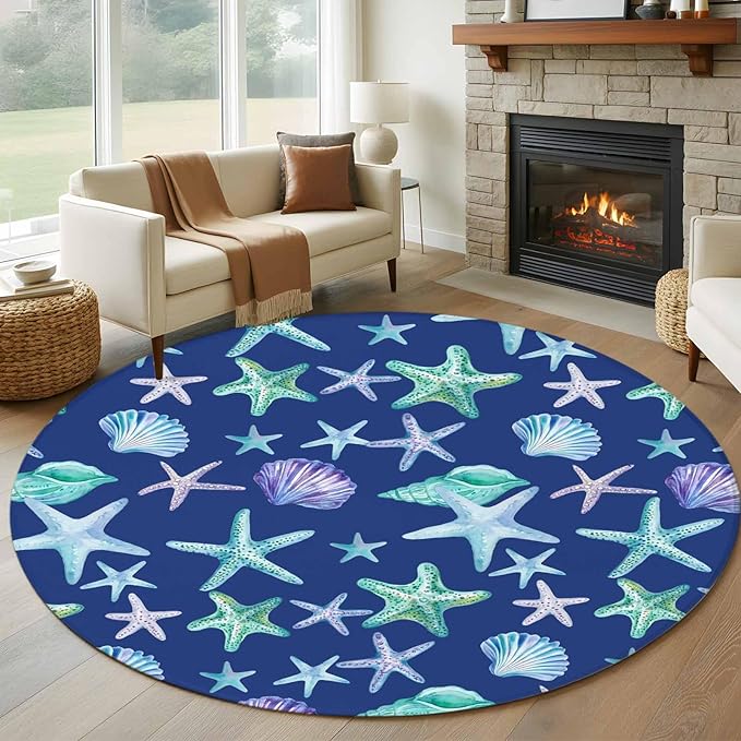 Washable Round Area Rug Summer Starfish Shell Conch Circle Rugs Floor Carpet for Living Room Bedroom, Marine Creature on Blue Soft Non Slip Round Rug 5ft