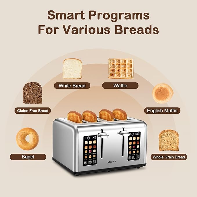 Mecity 4 Slice Toaster with Touch Screen Control, 4 Wide Slots, Stainless Steel Smart Bread Toaster for Bagels, Muffins, Waffles, Dual Control Panel, Timer, Defrost, Reheat, 120V 1650W