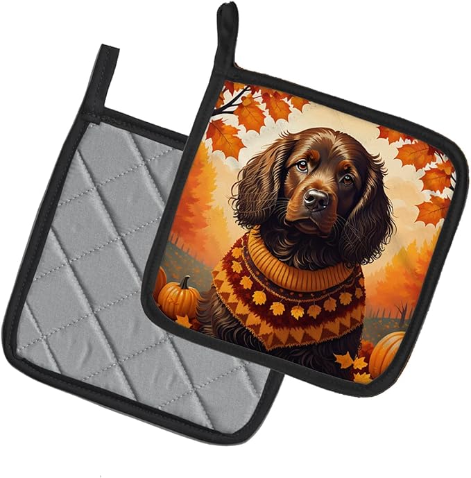 Caroline's Treasures DAC1027PTHD Boykin Spaniel Fall Pair of Pot Holders Kitchen Heat Resistant Pot Holders Sets Oven Hot Pads for Cooking Baking BBQ, 7 1/2 x 7 1/2