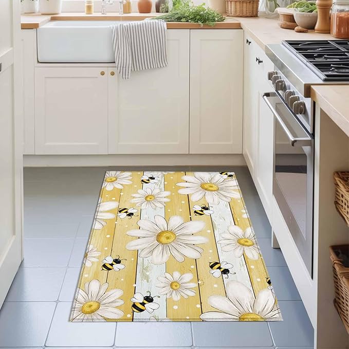 Area Rug 2x3ft, Summer Rustic Daisy Flower Bee Washable Rugs for Living Room Bedroom, Blossom Floral Yellow Wooden Soft Non-Slip Area Rugs Rectangle Floor Carpet for Dining Room