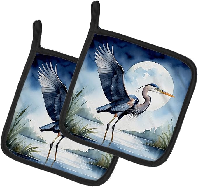 Caroline's Treasures Blue Heron Under The Moonlight Pair of Pot Holders Kitchen Heat Resistant Pot Holders Sets Oven Hot Pads for Cooking Baking BBQ, 7 1/2 x 7 1/2