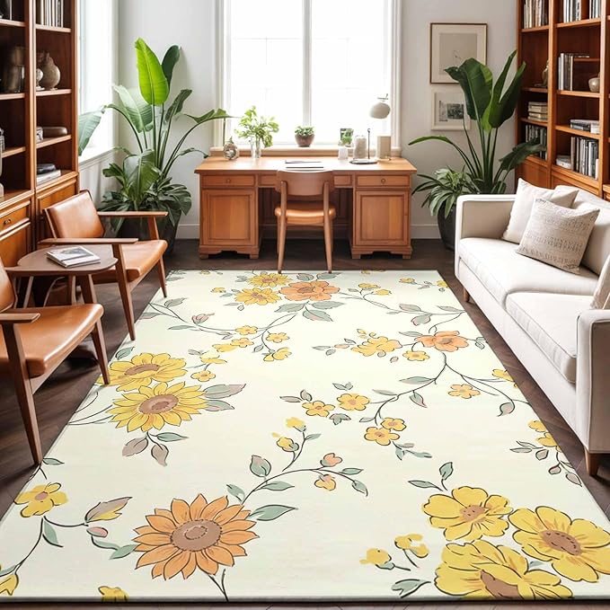 Area Rug 3x5ft, Orange Yellow Flowers Wild Vines Washable Rugs for Living Room Bedroom, Watercolor Floral Soft Non-Slip Area Rugs Rectangle Floor Carpet for Dining Room